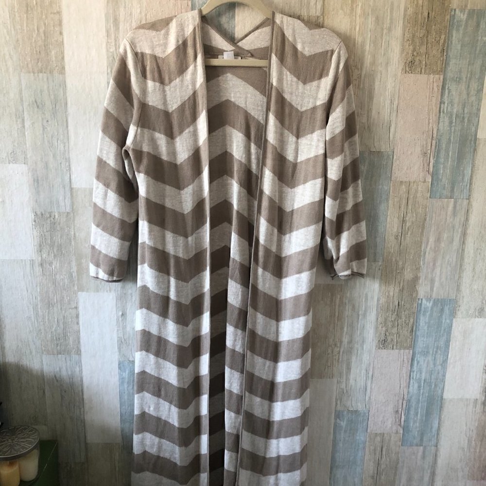 Garnet Hill Tan & Beige Stripe Linen Duster Cardigan Medium M Coastal Boho Chic